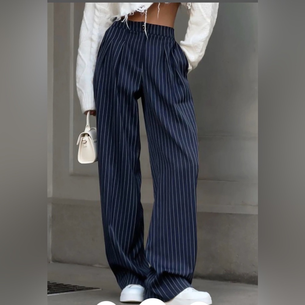 Pinstripe Pleated Wide-Leg Pants